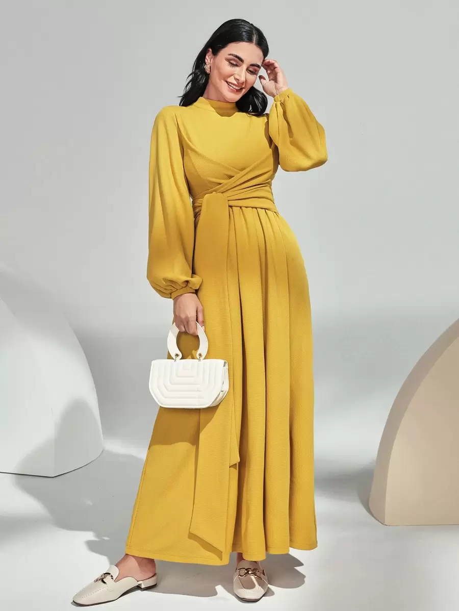 Seusyu Đầm Hội Chữ thập Thắt nút Dây kéo màu trơn Thanh lịch - Màu vàng - Xem 1