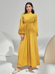 Seusyu Đầm Hội Chữ thập Thắt nút Dây kéo màu trơn Thanh lịch - Màu vàng - Xem 3