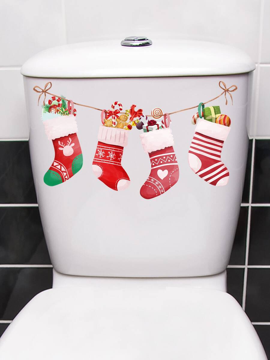1pc Christmas Stocking Pattern Toilet Lid Decal - Multicolor - View 1