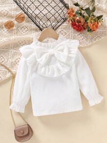 SHEIN Young Girl Ruffle Trim Bow Front Flounce Sleeve Blouse - White - View 1