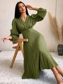 Aveloria 交疊領燈籠袖百褶下擺洋裝 - 橄欖綠 - 查看 3