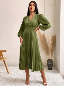 Aveloria 交疊領燈籠袖百褶下擺洋裝 - 橄欖綠 - 查看 4