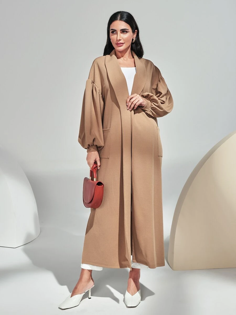 Mulvari Lantern Sleeve Open Front Coat - Khaki - View 1