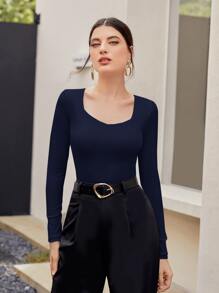 Modelyn Solid Sweetheart Neck Tee - Navy Blue - View 1