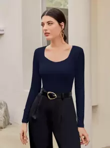 Modelyn Solid Sweetheart Neck Tee - Navy Blue - View 3