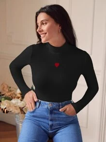 SHEIN Frenchy Áo thun nữ Thêu Gân đan Tim Giải trí - màu đen - Xem 1