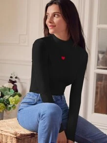 SHEIN Frenchy Áo thun nữ Thêu Gân đan Tim Giải trí - màu đen - Xem 2