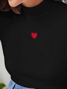 SHEIN Frenchy Áo thun nữ Thêu Gân đan Tim Giải trí - màu đen - Xem 3
