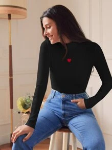 SHEIN Frenchy Áo thun nữ Thêu Gân đan Tim Giải trí - màu đen - Xem 4