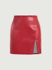 SHEIN ICON 高衩PU皮革半身裙