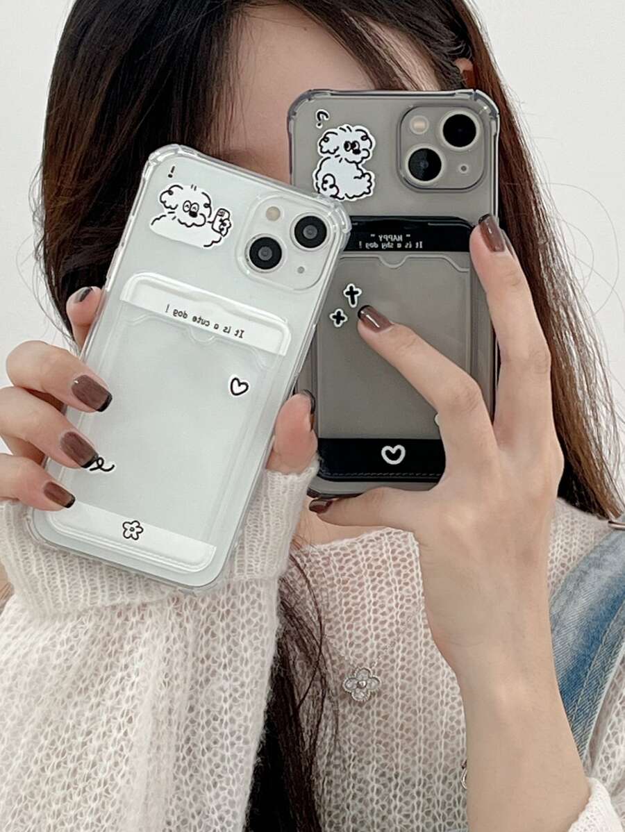 2入組小狗樣式插卡槽手機殼 - 黑與白 - 查看 1