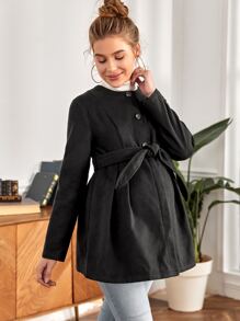 SHEIN Maternity Button Front Fold Pleated Hem Coat - Black - View 1