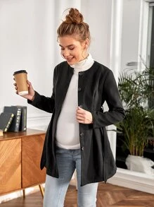 SHEIN Maternity Button Front Fold Pleated Hem Coat - Black - View 6