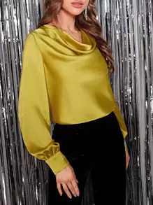 SHEIN BAE Cowl Neck Lantern Sleeve Satin Blouse - Mustard Yellow - View 1