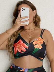 SHEIN Swim Curve Summer Plus Size Floral Print Wrap Cross Push Up Bikini Top - Black - View 1
