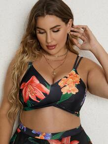 SHEIN Swim Curve Summer Plus Size Floral Print Wrap Cross Push Up Bikini Top - Black - View 4