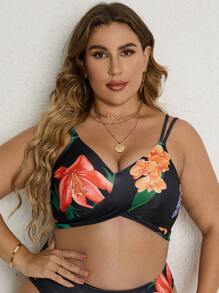 SHEIN Swim Curve Summer Plus Size Floral Print Wrap Cross Push Up Bikini Top - Black - View 6