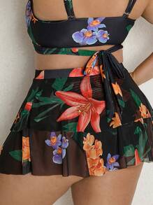 SHEIN Swim Curve Bottom de bikini con estampado floral con falda de playa - Negro - Ver 2