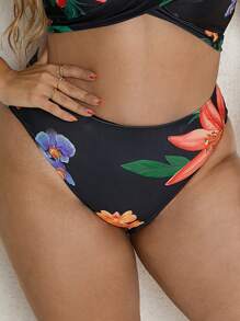 SHEIN Swim Curve Bottom de bikini con estampado floral con falda de playa - Negro - Ver 3
