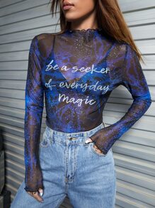 thegypsygoddess Slogan Graphic Mock Neck Mesh Top Without Bra
