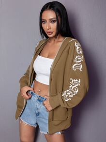 SHEIN ICON Letter Graphic Zip Up Raglan Sleeve Hoodie - Brown - View 4