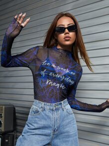 thegypsygoddess Slogan Graphic Mock Neck Mesh Top Without Bra