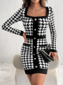 SHEIN Tall Houndstooth Print Square Neck Bodycon Dress - Black and White - View 1