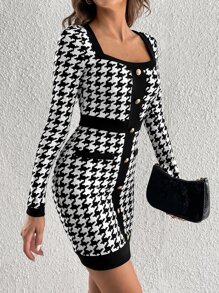 SHEIN Tall Houndstooth Print Square Neck Bodycon Dress - Black and White - View 3