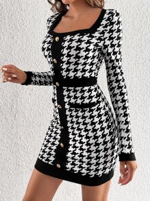 SHEIN Tall Houndstooth Print Square Neck Bodycon Dress - Black and White - View 4