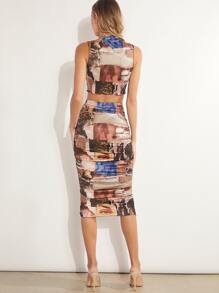 SHEIN Privé 木耳邊人像和色塊拼接圖案小高領背心上衣和褶邊包臀半身裙套裝 - 彩色 - 查看 2