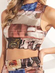 SHEIN Privé 木耳邊人像和色塊拼接圖案小高領背心上衣和褶邊包臀半身裙套裝 - 彩色 - 查看 4