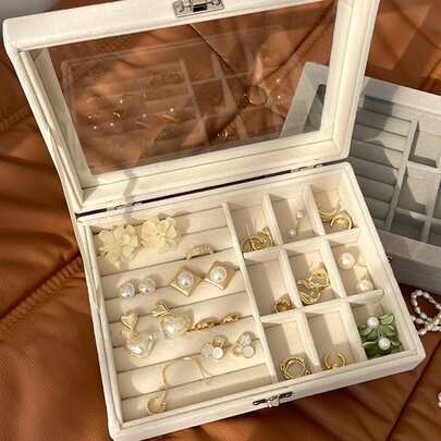 1pc Multi-Grid Jewelry Storage Box, Modern Fabric Dust-Proof Jewelry Box For Desk Valentine Day Back To School,Room Decor