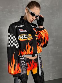 SHEIN EZwear Checker & Fire Print Drop Shoulder Jacket - Multicolor - View 4