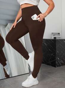 SHEIN EZwear Plus Solid Phone Pocket Leggings - Coffee Brown - View 1