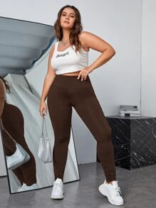 SHEIN EZwear Plus Solid Phone Pocket Leggings - Coffee Brown - View 3