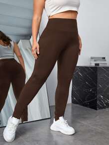 SHEIN EZwear Plus Solid Phone Pocket Leggings - Coffee Brown - View 4