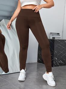 SHEIN EZwear Plus Solid Phone Pocket Leggings - Coffee Brown - View 5