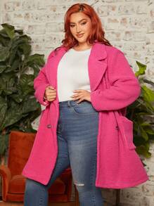 SHEIN CURVE+ Plus Double Breasted Teddy Coat - Hot Pink - View 1