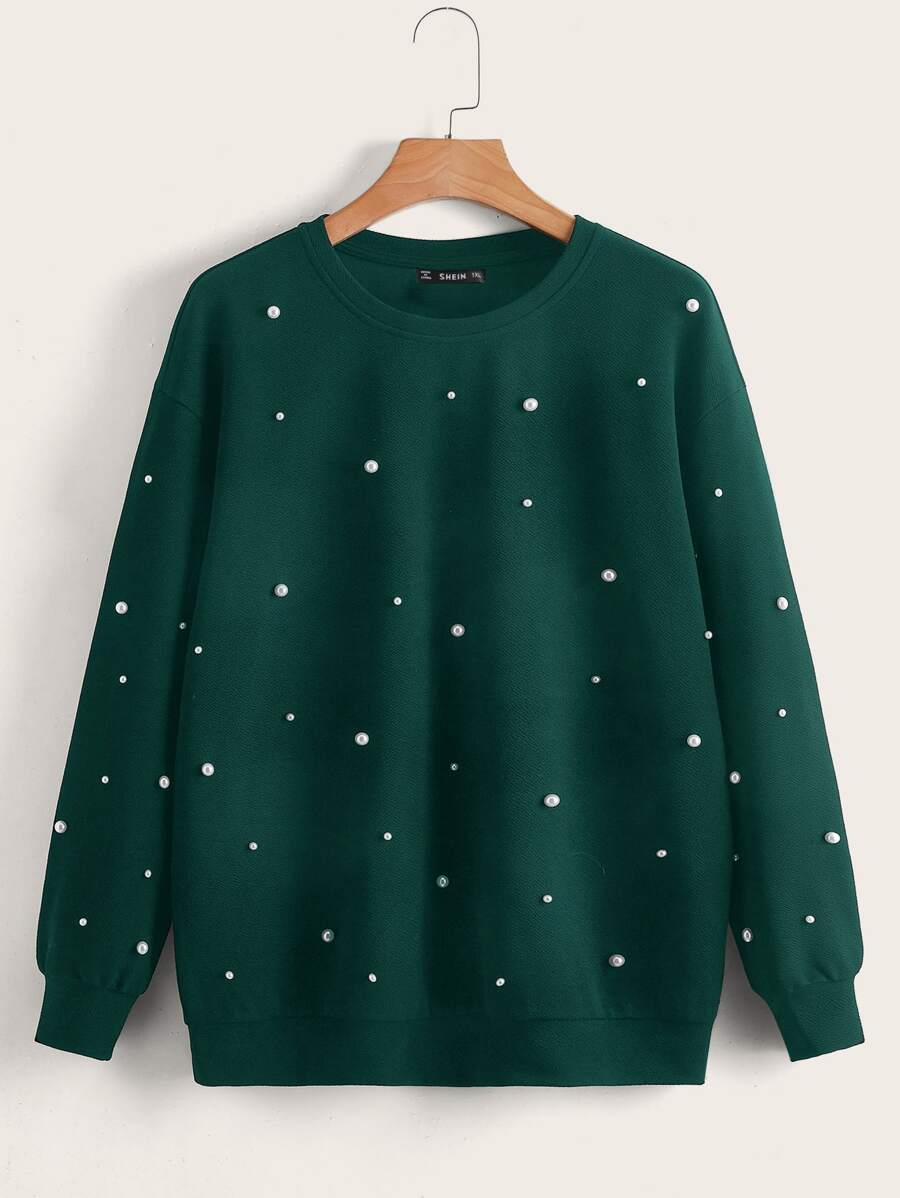 SHEIN LUNE Plus Drop Shoulder Faux Pearl Beaded Pullover - Dark Green - View 1