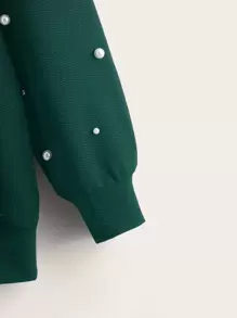 SHEIN LUNE Plus Drop Shoulder Faux Pearl Beaded Pullover - Dark Green - View 3