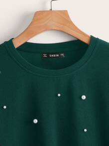 SHEIN LUNE Plus Drop Shoulder Faux Pearl Beaded Pullover - Dark Green - View 4