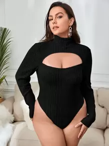 SHEIN Privé Plus High Neck Cut Out Bodysuit - Black - View 1