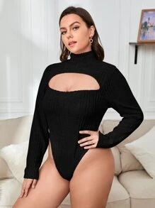 SHEIN Privé Plus High Neck Cut Out Bodysuit - Black - View 3