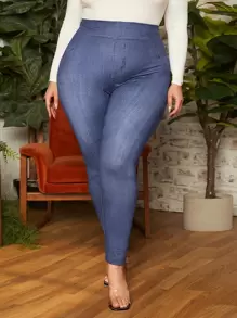 SHEIN CURVE+ Plus Denim-Effect Print High Waist Leggings - Navy Blue - View 1