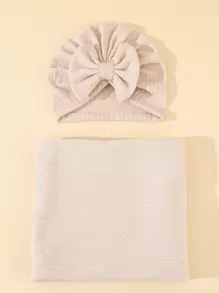 Newborn Baby Swaddle Blanket Set With Bowknot Decorated Hat, 1pc Blanket And 1pc Wrap Love Valentine - Beige - View 1