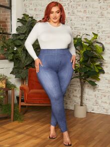 SHEIN CURVE+ Plus Denim-Effect Print High Waist Leggings - Navy Blue - View 3