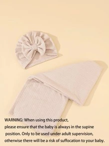 Newborn Baby Swaddle Blanket Set With Bowknot Decorated Hat, 1pc Blanket And 1pc Wrap Love Valentine - Beige - View 5