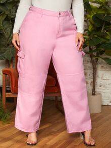 SHEIN CURVE+ Plus Flap Pocket Cargo Jeans - Baby Pink - View 4