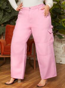 SHEIN CURVE+ Plus Flap Pocket Cargo Jeans - Baby Pink - View 1