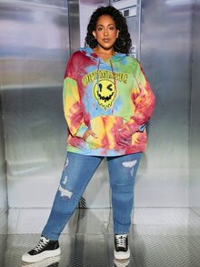 SHEIN CURVE+ Plus Size Tie Dye Letter Graphic Kangaroo Pocket Drop Shoulder Drawstring Sweatshirt - Multicolor - View 2